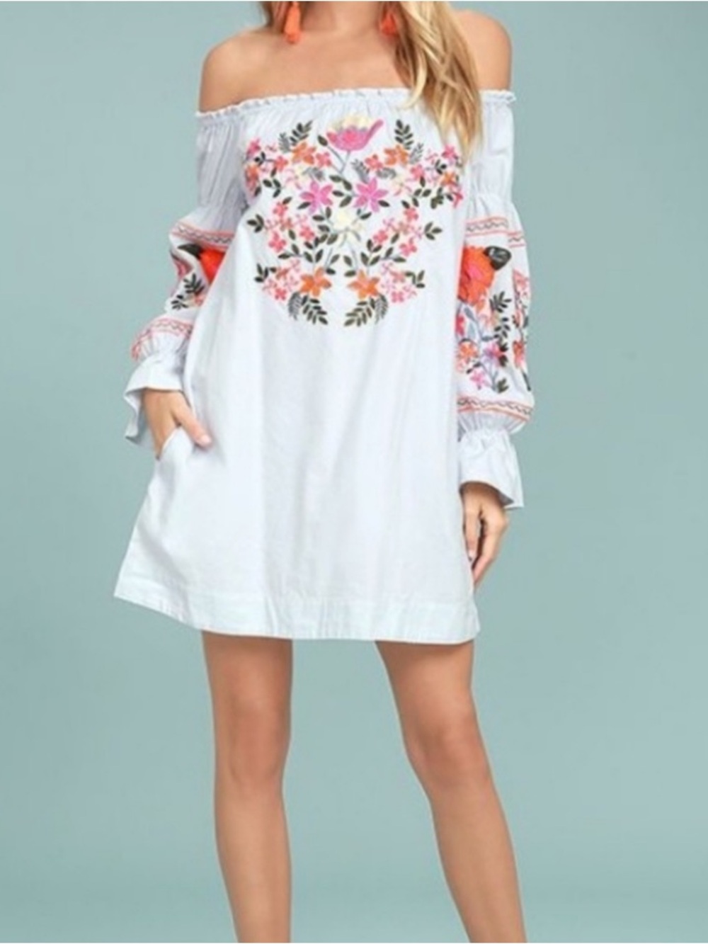 Free People Embroidered Floral ‎ Off the Shoulder Mini Dress Small Light Blue
